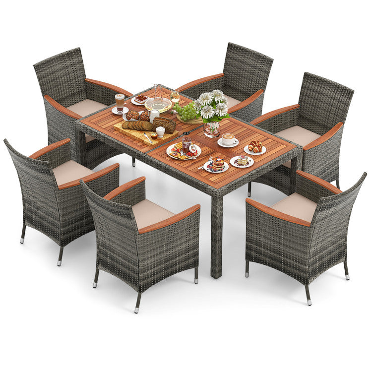 Costway Patio Acacia Wood & PE Rattan Wicker Dining Table with Umbrella Hole