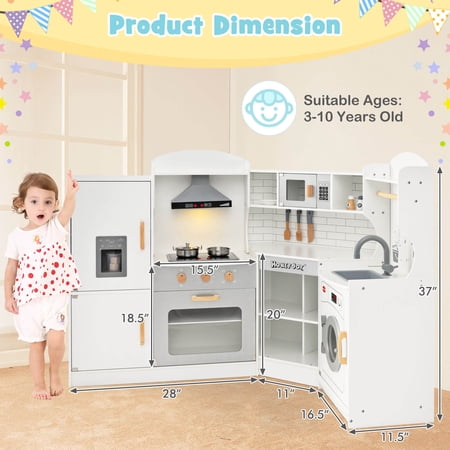 Costway Kids Corner Wooden Play Kitchen Set with Range Hood & Ice Maker - White