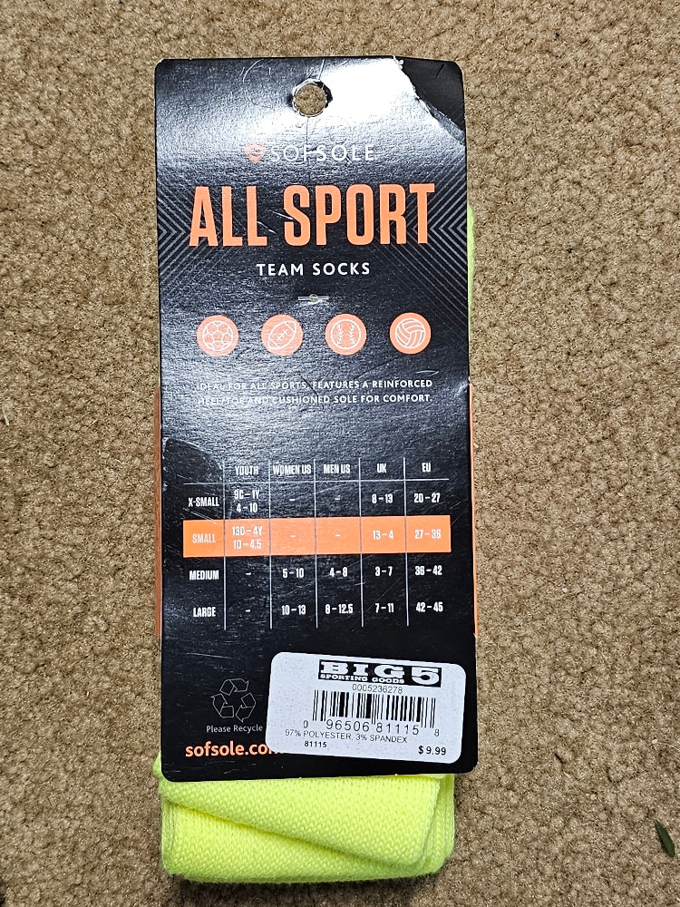 Sof Sole Youth All-Sport Team Athletic Socks, Neon Yellow, 2-Pack, Small