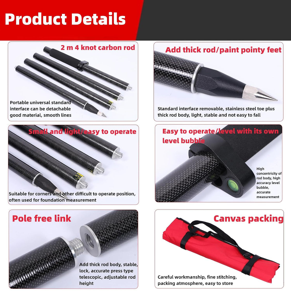 Odorkle 2m 4-Section Carbon Fiber RTK GPS Survey Pole with Bubble Level