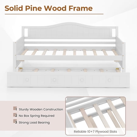 Costway Twin Size Solid Wood Daybed with Pull-Out Trundle - White