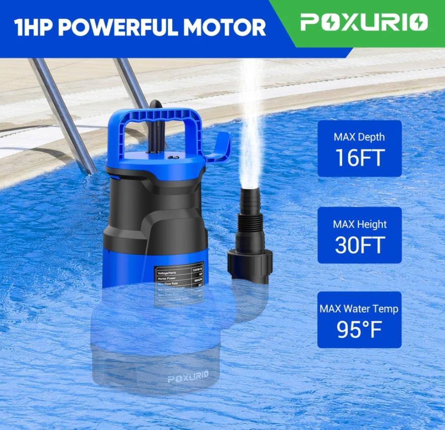 POXURIO 1HP Submersible Sump Pump - 5000 GPH Utility Drain Pump with 16ft Cord