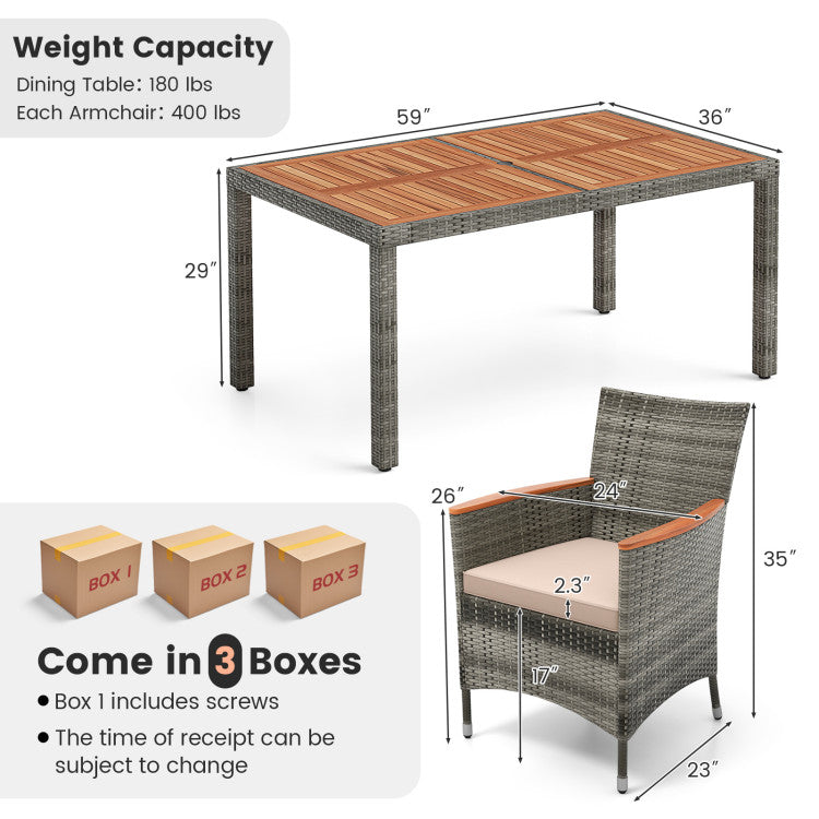 Costway Patio Acacia Wood & PE Rattan Wicker Dining Table with Umbrella Hole