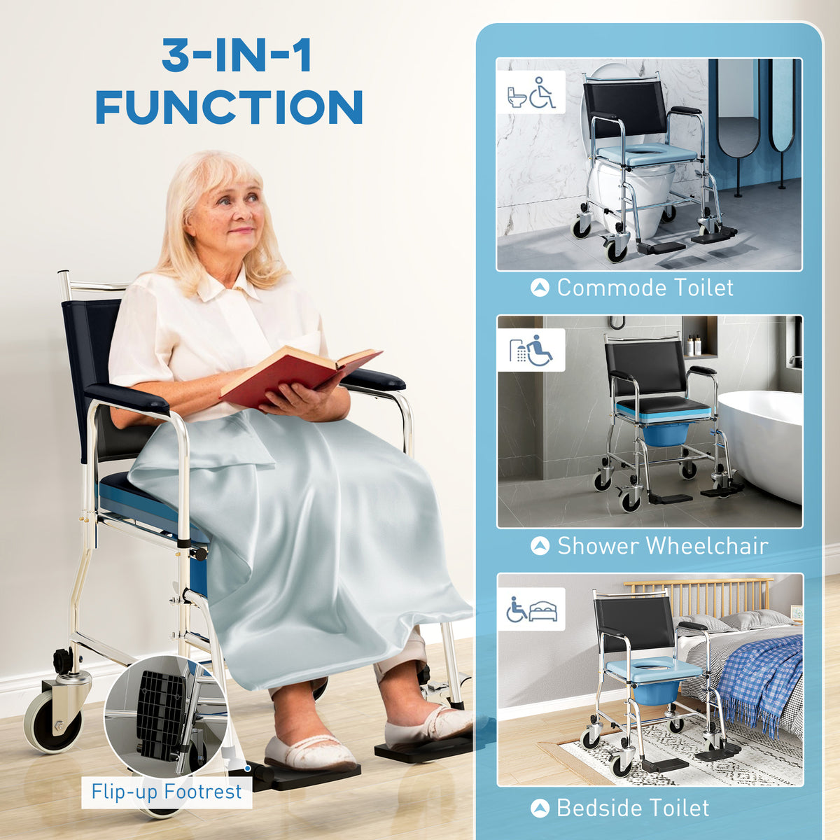 Homcom Rolling Shower Chair and Bedside Commode Wheelchair with Locking Wheels - Black