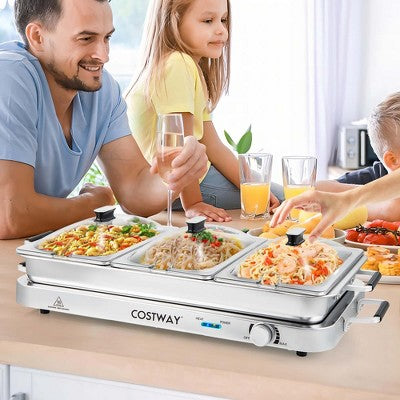 Costway 450W Stainless Steel 3-Section Buffet Server & Electric Warming Tray