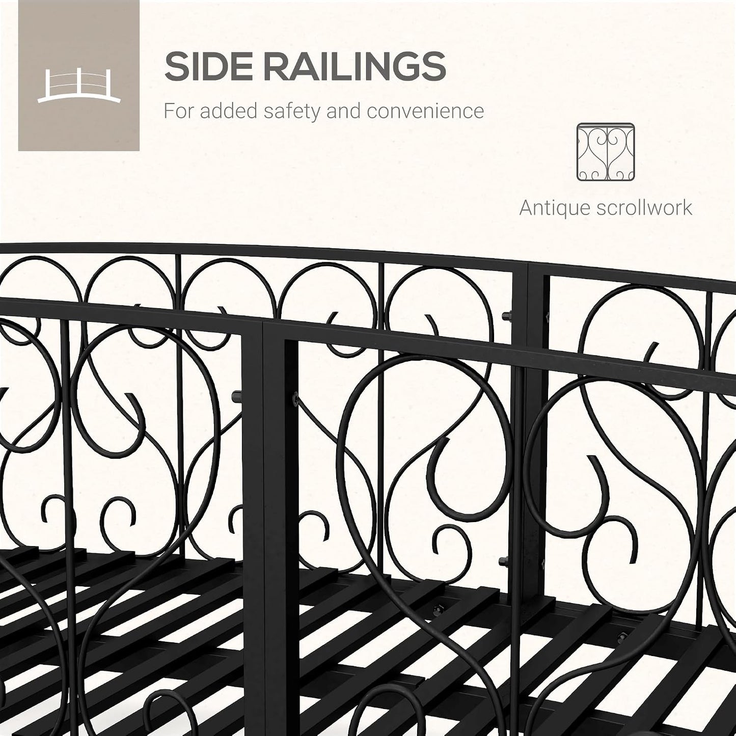 7' Metal Garden Bridge with Decorative Scrollwork and Safety Rails, Black