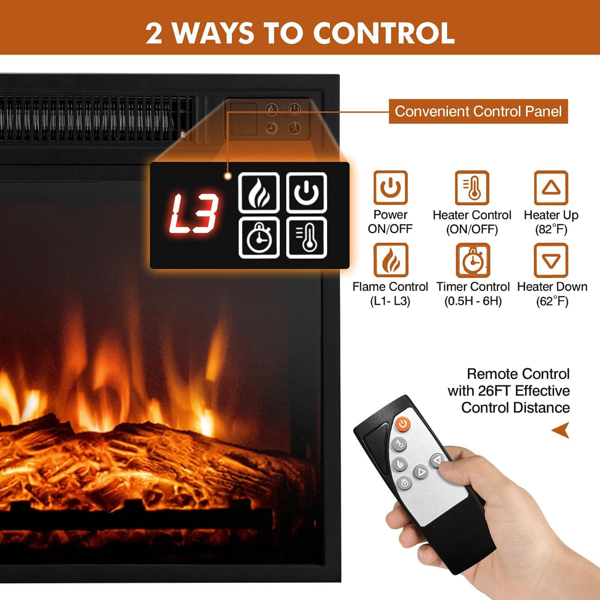 ORALNER 18" Electric Fireplace Insert Heater, 1400W - Black