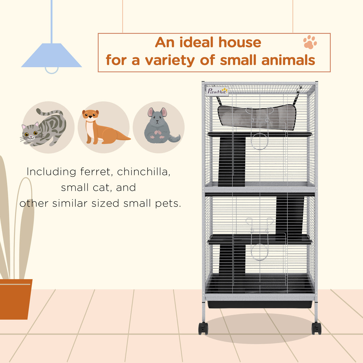 PawHut 4-Tier Rolling Steel Small Animal Cage for Ferrets, Chinchillas & Guinea Pigs
