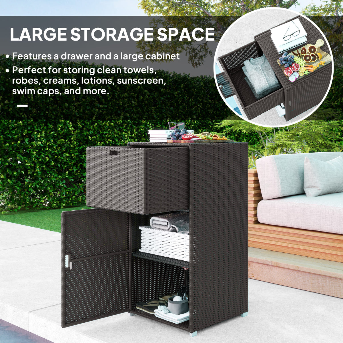 Outsunny Wicker Outdoor Towel Rack and Poolside Storage Cabinet - Dark Brown