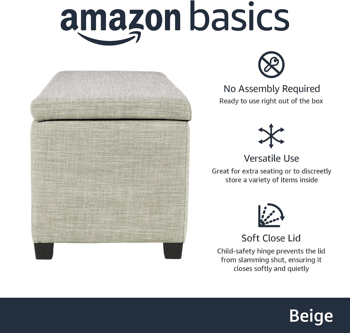 Amazon Basics 35.5" Upholstered Storage Ottoman and Entryway Bench, Beige