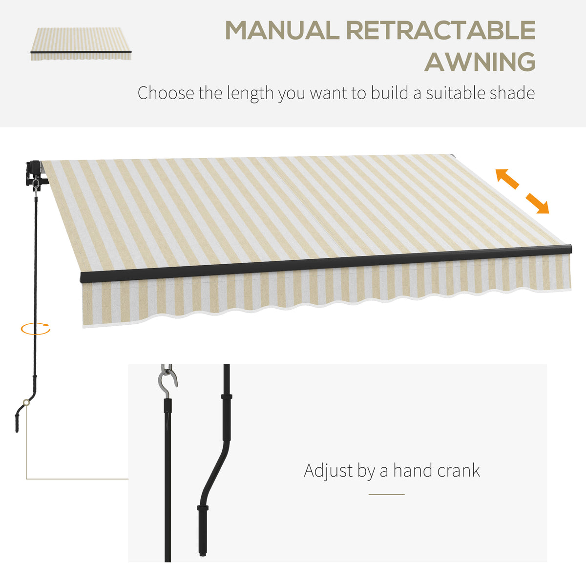 Outsunny Manual Retractable Awning - 280gsm UV-Resistant Striped Sunshade for Deck and Patio