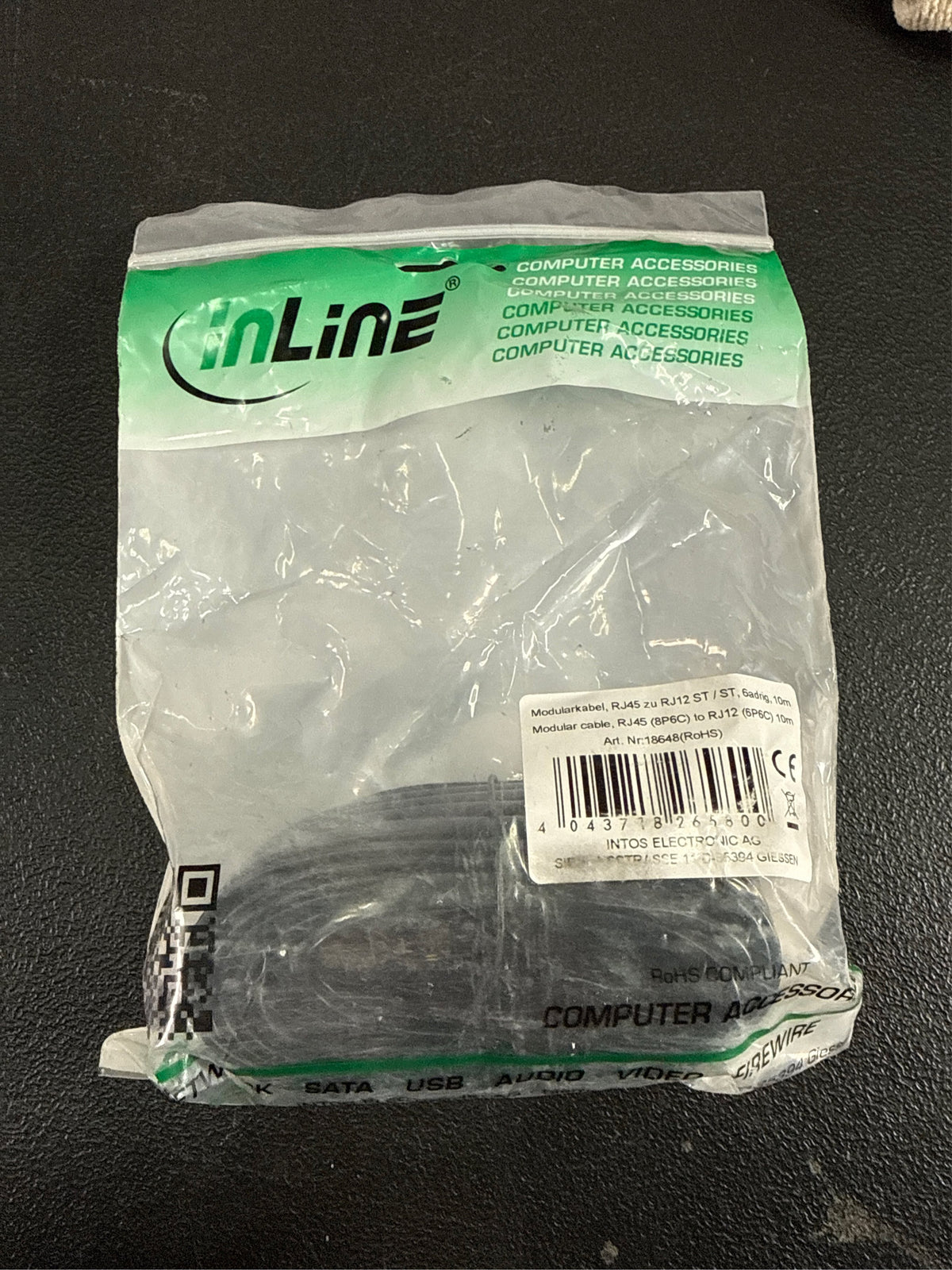 InLine 10m RJ45 to RJ12 6-Core Modular Cable - Black