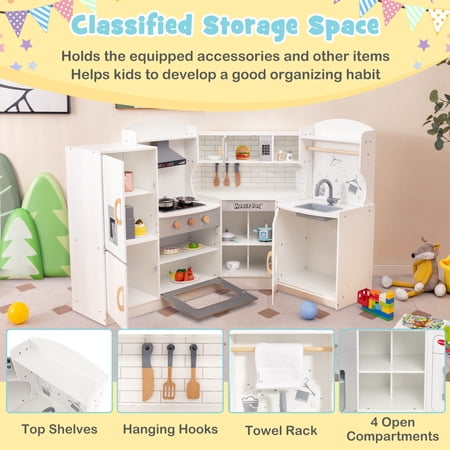 Costway Kids Corner Wooden Play Kitchen Set with Range Hood & Ice Maker - White