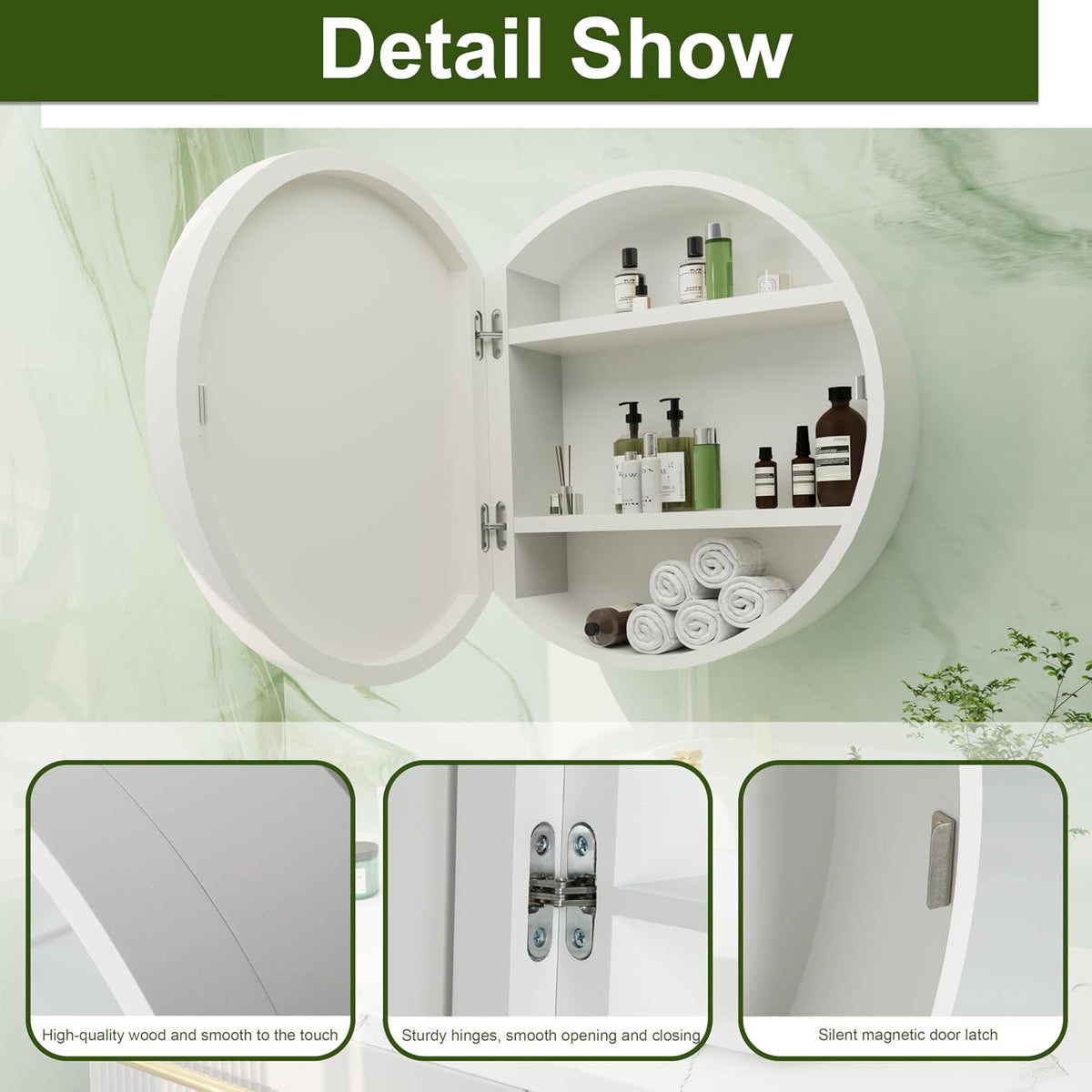 Chilihom Round White Medicine Cabinet Mirror with Internal Storage Shelf