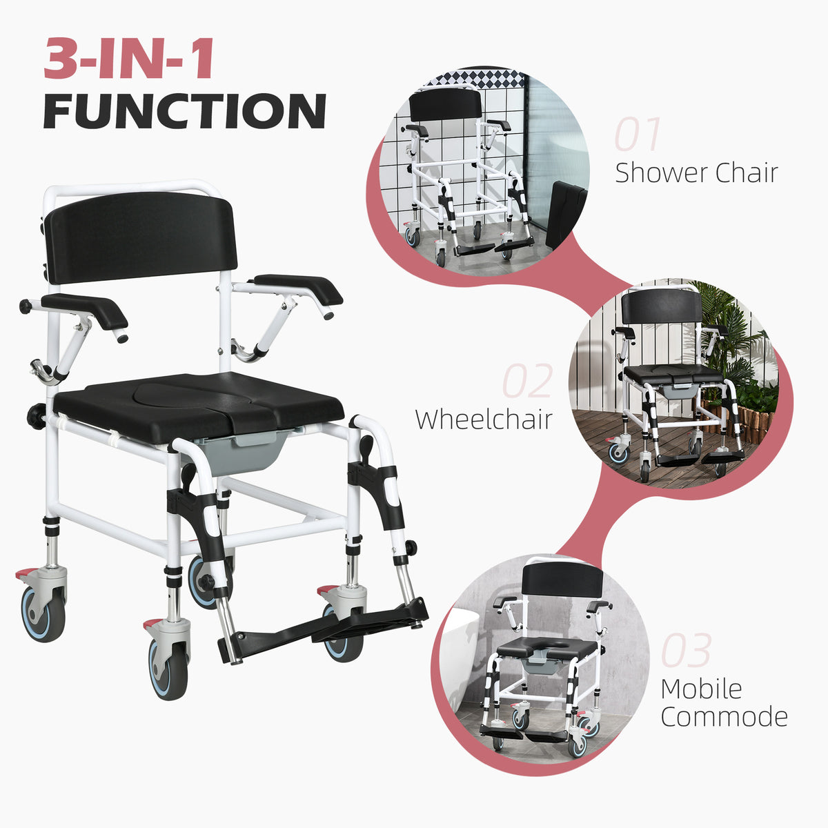 Homcom Rolling Shower Commode Wheelchair with Detachable Bucket