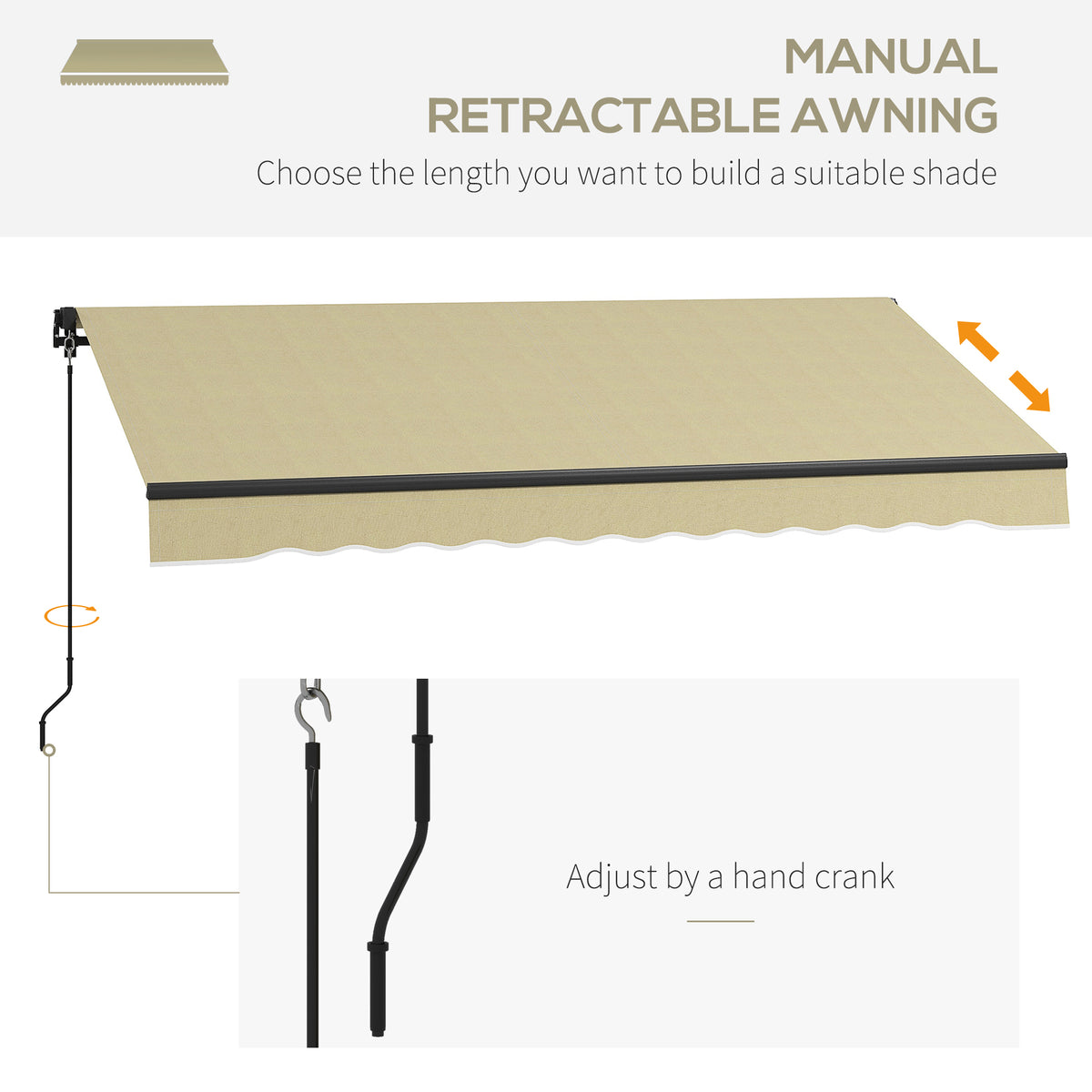 Outsunny Retractable Manual Patio Awning - 280gsm UV-Resistant Sunshade