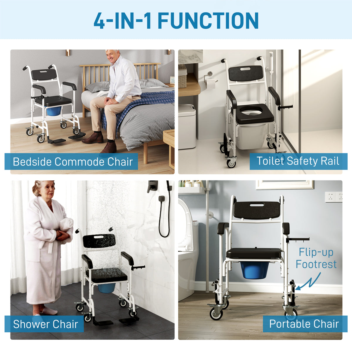 Homcom Rolling Shower Wheelchair & Commode Chair for Seniors - Black