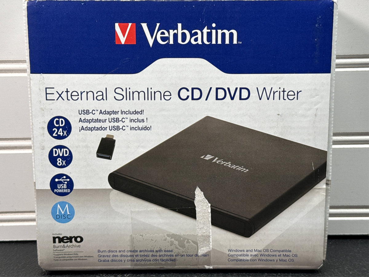 Verbatim External Slimline CD/DVD Writer with USB-A & USB-C Cables - Black