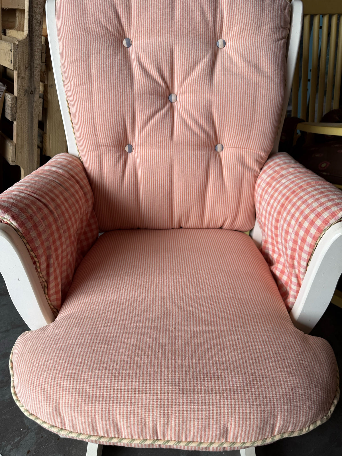 Cozy Pink & White Striped Glider Rocking Chair with Matching Ottoman