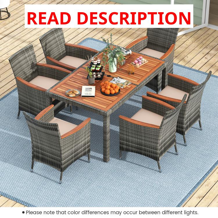 Costway Patio Acacia Wood & PE Rattan Wicker Dining Table with Umbrella Hole