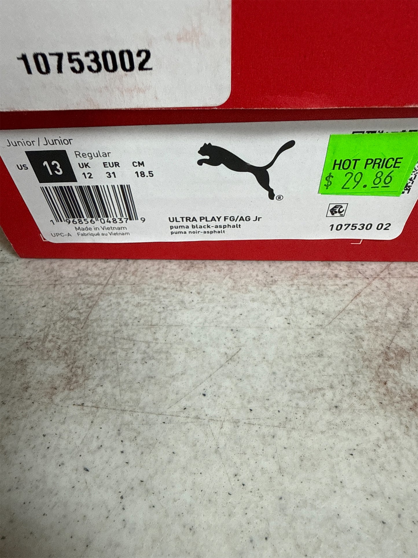 Puma Ultra Play FG/AG Junior Soccer Cleats - Black/Asphalt, Size 13