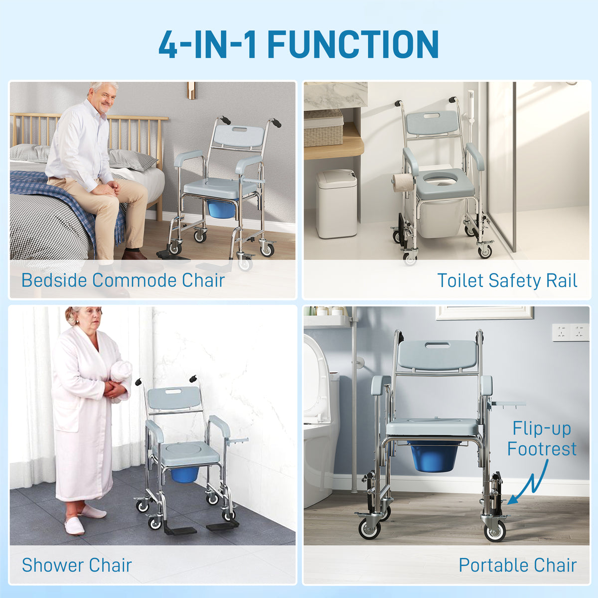Homcom 713-189V00GY Rolling Shower Bedside Commode Wheelchair for Seniors - Gray