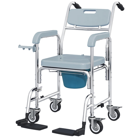 HOMCOM Rolling Shower Wheelchair for Seniors, Bedside Commode Chair with Locking Wheels, Seat, Backrest, Arms, Gray