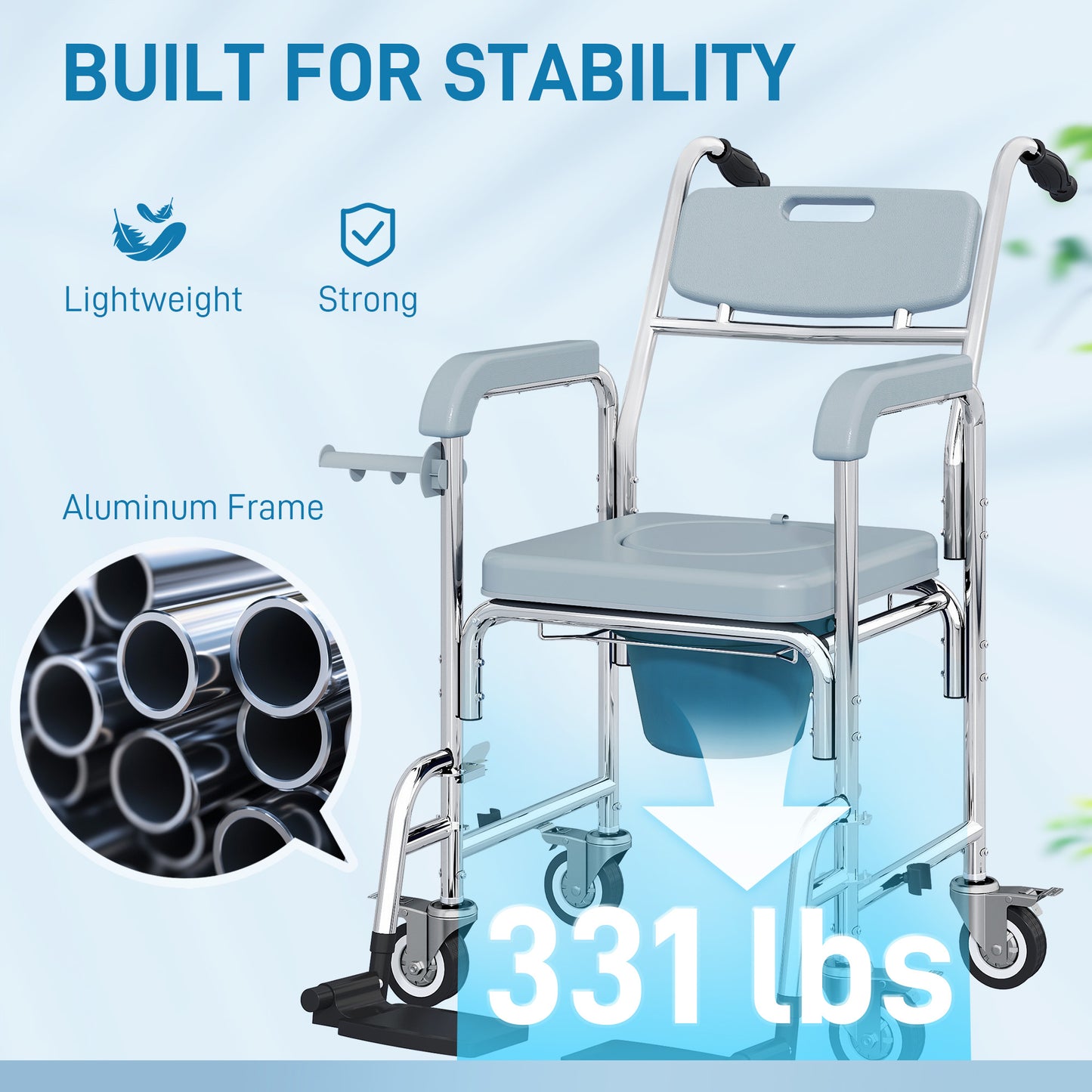 HOMCOM Rolling Shower Wheelchair for Seniors, Bedside Commode Chair with Locking Wheels, Seat, Backrest, Arms, Gray